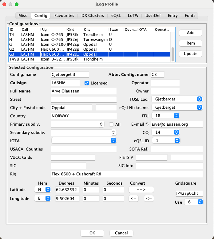 jLog Profile window